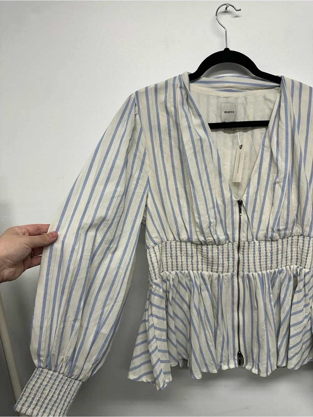 Anthropologie Tommie Long-Sleeve Smocked Front-Zip Blouse